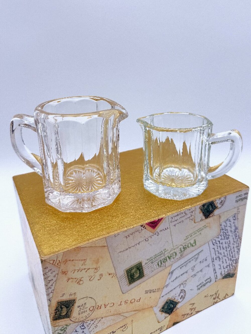 Pair - 2 Size Vintage Creamers Panel Sides Tinged Light Lavender & Blue